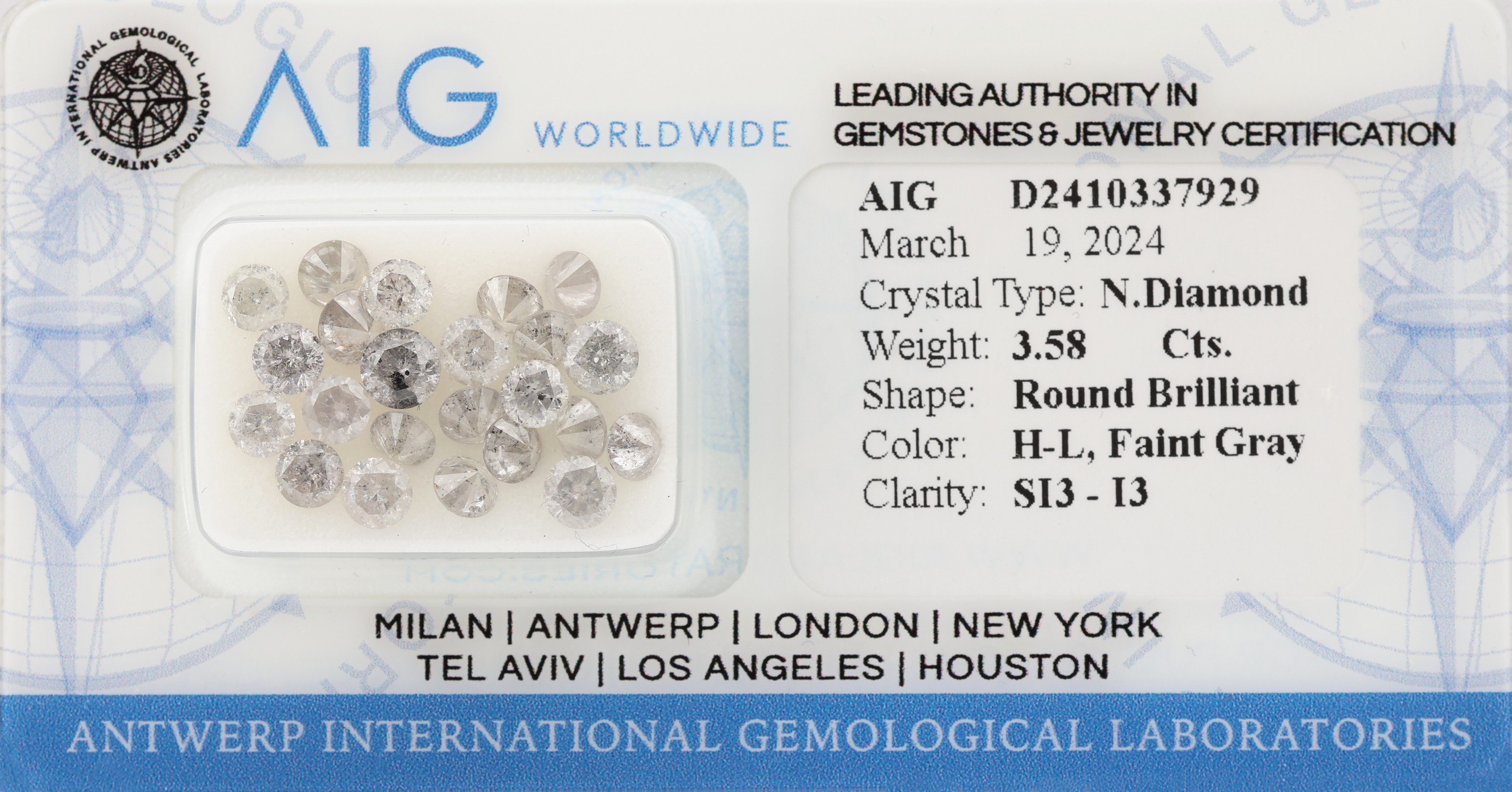 Lot lose Brillanten zus. 3.58 ct, Faint Gray(H-L)/ si3-p3, verschweißt mit AIG Zertifikat