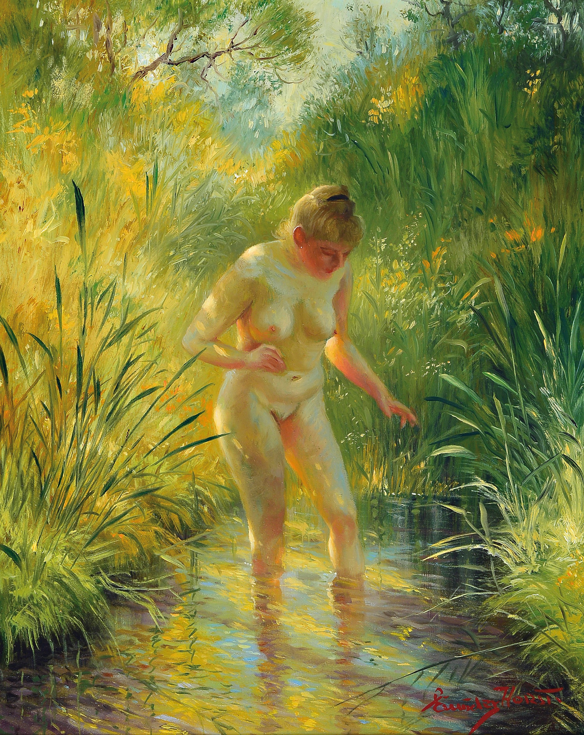 Horst Einöder, geb. 1951 München, stehender weiblicher Akt in sonnendurchfluteter Bachlandschaft, rechts unten signiert, Öl/Masonit, 30x24 cm, ...