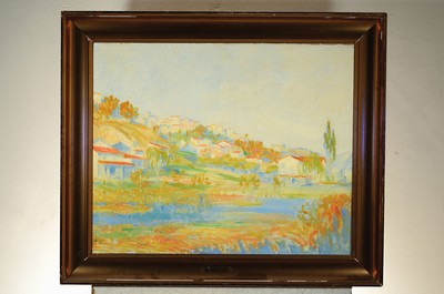 26788021k - Attribution: Pierre Franc Lamy, 1855-1919, summer landscape with a stream and a view of avillage, oil/canvas, unsigned, approx. 65x80cm, frame approx. 81x98cm