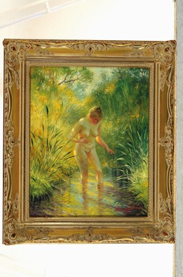 26788076k - Horst Einöder, born in Munich in 1951, standing female nude in a sun-drenched stream landscape, signed lower right, oil/masonite, 30x24 cm, frame 39x33 cm