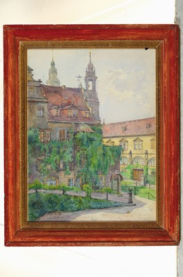 Image 26788190 - Paul Geissler, 1881 Erfurt - 1965 Garmisch- Partenkirchen, watercolor, the old stable yardDresden, 1920, signed and dated, framed under glass, 50x40 cm