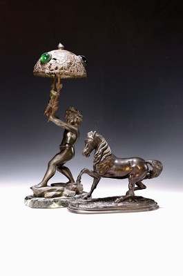 Image Lamp and horse sculpture, France, around 1900,putto holding an umbrella, three green ...