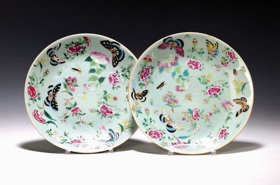 Image Pair of plates, China, 19th century, porcelain, colorful enamel painting, flowers and ...