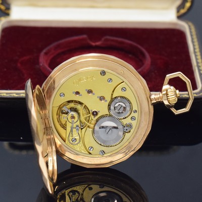 26788196g - OMEGA 14k pink gold hunting cased pocket watch, Switzerland around 1905, multi-faceted 3- cover gold case, enamel dial with Arabic numerals, frosted gilt lever movement, compensation-balance, blued Breguet balance- spring, swan´s neck regulateur and 4 screwed chatons, gold-cuvette, hunter cover with monogram, diameter approx. 50 mm, weight approx. 76g, original box enclosed, condition 2, property of a collector