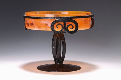 Image bowl, probably Schneider, France 1920s, iron foot, glass insert with orange, white ...