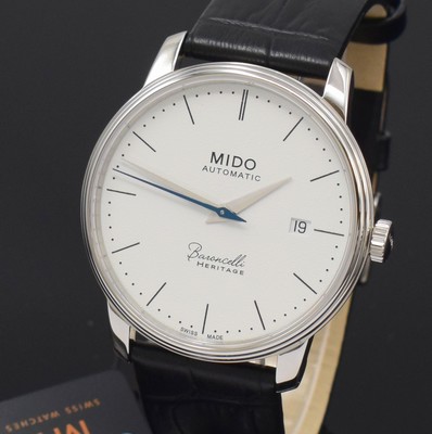 26788249a - MIDO Baroncelli Heritage nearly mint gents wristwatch reference M027407A, self winding, stainless steel case including original leather strap with buckle, case back screwed-down 4-times, on both sides glazed, silvered structure-dial with dash-indices, blued second-hands, date at 3, diameter approx. 39 mm, condition 1-2