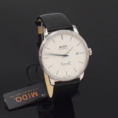 26788249b - MIDO Baroncelli Heritage nearly mint gents wristwatch reference M027407A, self winding, stainless steel case including original leather strap with buckle, case back screwed-down 4-times, on both sides glazed, silvered structure-dial with dash-indices, blued second-hands, date at 3, diameter approx. 39 mm, condition 1-2