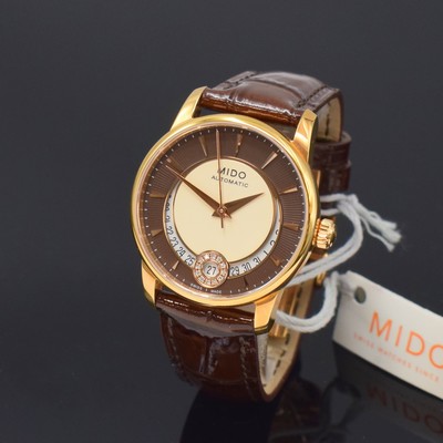 Image 26788262 - MIDO Baroncelli nearly mint wristwatch reference M007207, self winding, gold-plated stainless steel case including original leather strap with butterfly buckle, on both sides glazed snap on case back, brown/cream colored structure-dial with gilded hour- indices, gilded hands, date at 6, diamonds, diameter approx. 33 mm, condition 1-2
