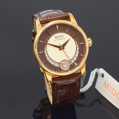 26788262b - MIDO Baroncelli nearly mint wristwatch reference M007207, self winding, gold-plated stainless steel case including original leather strap with butterfly buckle, on both sides glazed snap on case back, brown/cream colored structure-dial with gilded hour- indices, gilded hands, date at 6, diamonds, diameter approx. 33 mm, condition 1-2