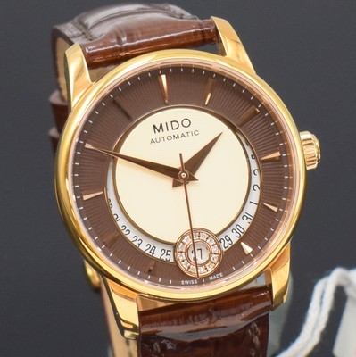 26788262c - MIDO Baroncelli nearly mint wristwatch reference M007207, self winding, gold-plated stainless steel case including original leather strap with butterfly buckle, on both sides glazed snap on case back, brown/cream colored structure-dial with gilded hour- indices, gilded hands, date at 6, diamonds, diameter approx. 33 mm, condition 1-2