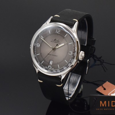 Image 26788267 - MIDO Multifort nearly mint gents wristwatch reference M040407A, self winding, stainless steel case including original bracelet with buckle, on both sides glazed, screwed down case back, gray dial with luminous indices and numerals, luminous hands, pulsometer scale, date at 6, diameter approx. 40 mm, condition 1-2