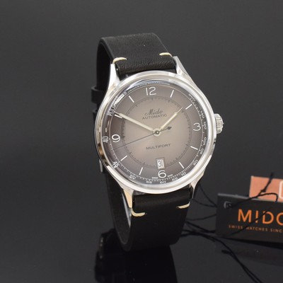 26788267b - MIDO Multifort nearly mint gents wristwatch reference M040407A, self winding, stainless steel case including original bracelet with buckle, on both sides glazed, screwed down case back, gray dial with luminous indices and numerals, luminous hands, pulsometer scale, date at 6, diameter approx. 40 mm, condition 1-2