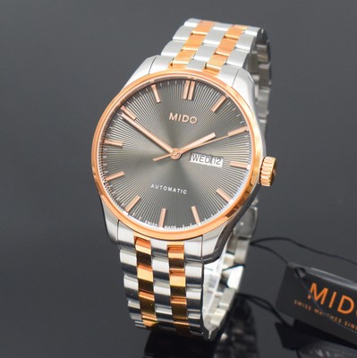 Image 26788284 - MIDO Belluna nearly mint gents wristwatch reference M024630, self winding, partial PVD- coated stainless steel case including original bracelet with butterfly buckle, gold-plated bezel, on both sides glazed, screwed down case back, gray structure-dial with raised hour-indices, day and date, diameter approx. 42 mm, length approx. 22 cm, condition 1-2