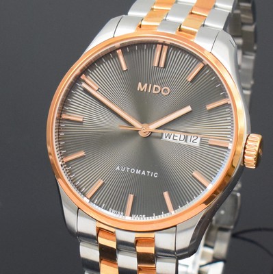 26788284a - MIDO Belluna nearly mint gents wristwatch reference M024630, self winding, partial PVD- coated stainless steel case including original bracelet with butterfly buckle, gold-plated bezel, on both sides glazed, screwed down case back, gray structure-dial with raised hour-indices, day and date, diameter approx. 42 mm, length approx. 22 cm, condition 1-2