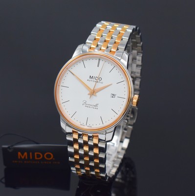 Image MIDO Baroncelli Heritage nearly mint gents wristwatch reference M027407A, self winding, partial PVD-coated stainless steel case including original bracelet with butterfly buckle, on both sides glazed, case back screwed-down 4-times, silvered structure-dial with dash indices, gilded hands, date at 3, diameter approx. 39 mm, length approx. 22 cm, condition 1-2