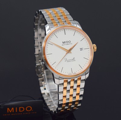 26788285b - MIDO Baroncelli Heritage nearly mint gents wristwatch reference M027407A, self winding, partial PVD-coated stainless steel case including original bracelet with butterfly buckle, on both sides glazed, case back screwed-down 4-times, silvered structure-dial with dash indices, gilded hands, date at 3, diameter approx. 39 mm, length approx. 22 cm, condition 1-2