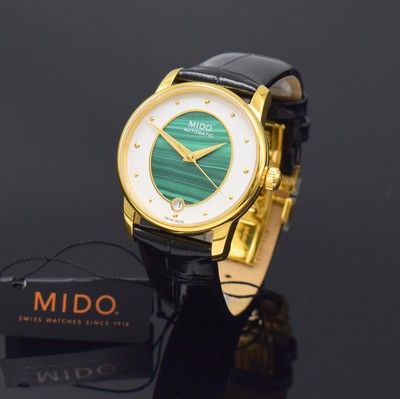 Image MIDO Baroncelli nearly mint wristwatch reference M035207, self winding, gold-plated stainless steel case including original leather strap with butterfly buckle, on both sides glazed, snap on case back, white dial with gilded hour-indices, in the middle malachite, date at 6, diameter approx. 33 mm, condition 1-2