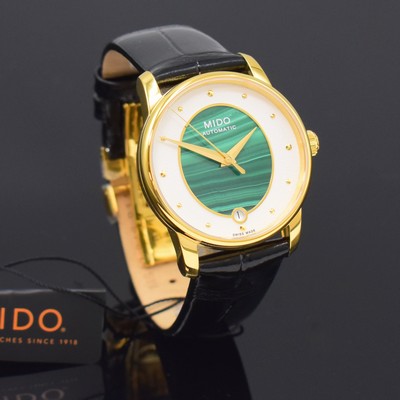 26788291b - MIDO Baroncelli nearly mint wristwatch reference M035207, self winding, gold-plated stainless steel case including original leather strap with butterfly buckle, on both sides glazed, snap on case back, white dial with gilded hour-indices, in the middle malachite, date at 6, diameter approx. 33 mm, condition 1-2