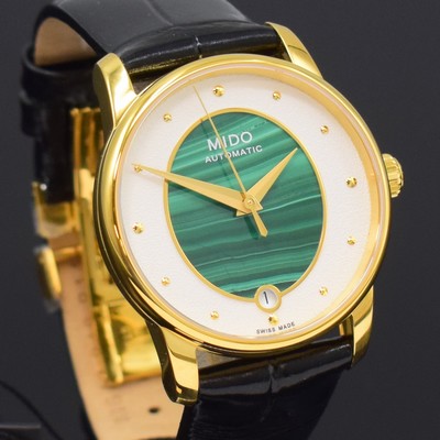 26788291c - MIDO Baroncelli nearly mint wristwatch reference M035207, self winding, gold-plated stainless steel case including original leather strap with butterfly buckle, on both sides glazed, snap on case back, white dial with gilded hour-indices, in the middle malachite, date at 6, diameter approx. 33 mm, condition 1-2