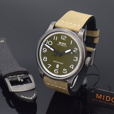 Image 26788382 - MIDO Multifort nearly mint gents wristwatch reference M032607A, self winding, PVD-coated stainless steel case including original bracelet with buckle, on both sides glazed, screwed down case back, green dial with fausses cotes decoration, luminous hands, Arabic luminous numerals, date at 6, diameter approx. 44 mm, additional leather strap enclosed, condition 1-2