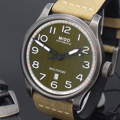 Image 26788382a - MIDO Multifort nearly mint gents wristwatch reference M032607A, self winding, PVD-coated stainless steel case including original bracelet with buckle, on both sides glazed, screwed down case back, green dial with fausses cotes decoration, luminous hands, Arabic luminous numerals, date at 6, diameter approx. 44 mm, additional leather strap enclosed, condition 1-2
