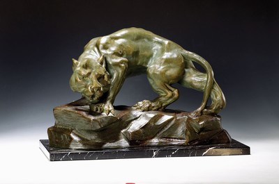 Image Large ceramic sculpture, France, 1920s, illegibly signed, panther on rock, bronzed, ...