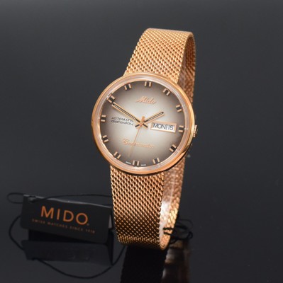 Image MIDO Commander datoday nearly mint gents wristwatch reference M8429B, self winding, gold-plated stainless steel case including gold-plated stainless steel bracelet (adjustable), monocoque-case, gray/brown Fume-dial with raised hour-indices, luminous hands, day and date, diameter approx. 37 mm, condition 1-2