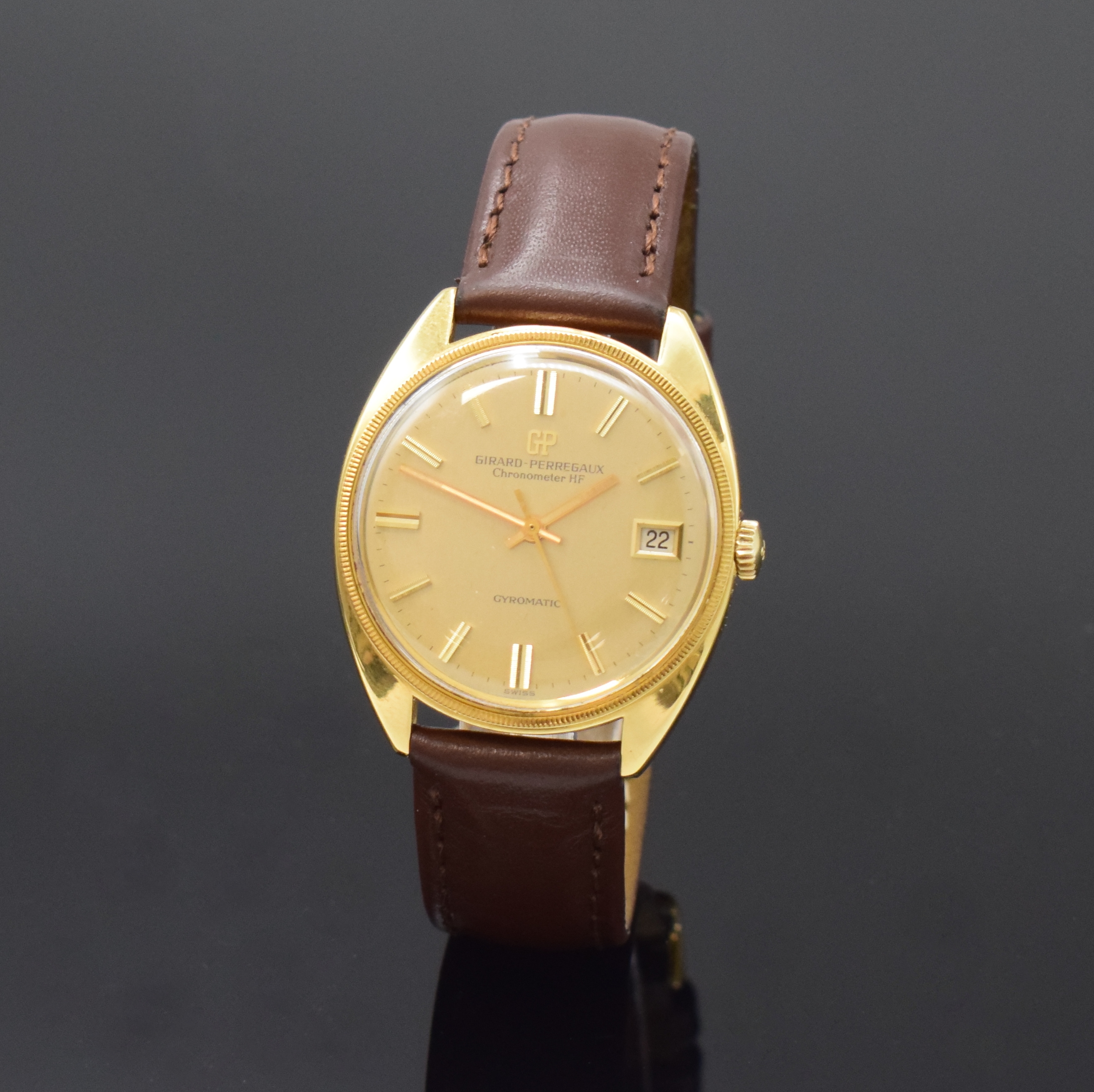 GIRARD PERREGAUX Gyromatic Chronometer HF 36000 A/H seltene Herrenarmbanduhr in GG 750/000, Schweiz um 1968, Automatik, Boden verschr., gold. ...