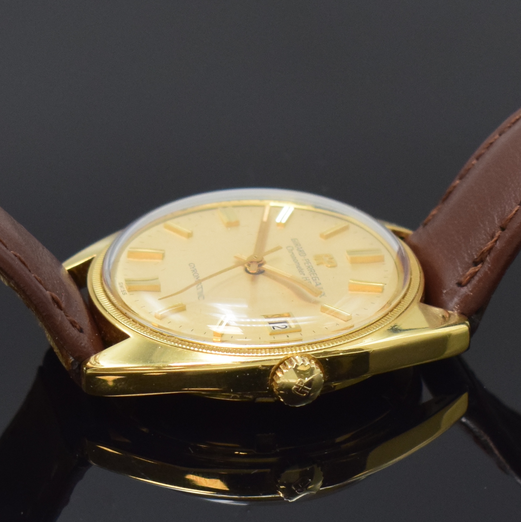 Detail b: GIRARD PERREGAUX Gyromatic Chronometer HF 36000 A/H seltene Herrenarmbanduhr in GG 750/000, Schweiz um 1968, Automatik, Boden verschr., gold. ...