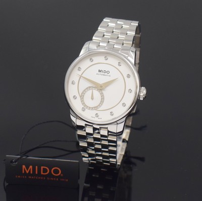 Image MIDO Baroncelli nearly mint wristwatch reference M007228A, self winding, stainless steel case including original bracelet with butterfly buckle, on both sides glazed, snap on case back, silvered dial in the middle with structure, diamond-indices, constant second with diamonds, diameter approx. 35 mm, length approx. 20 cm, condition 1-2