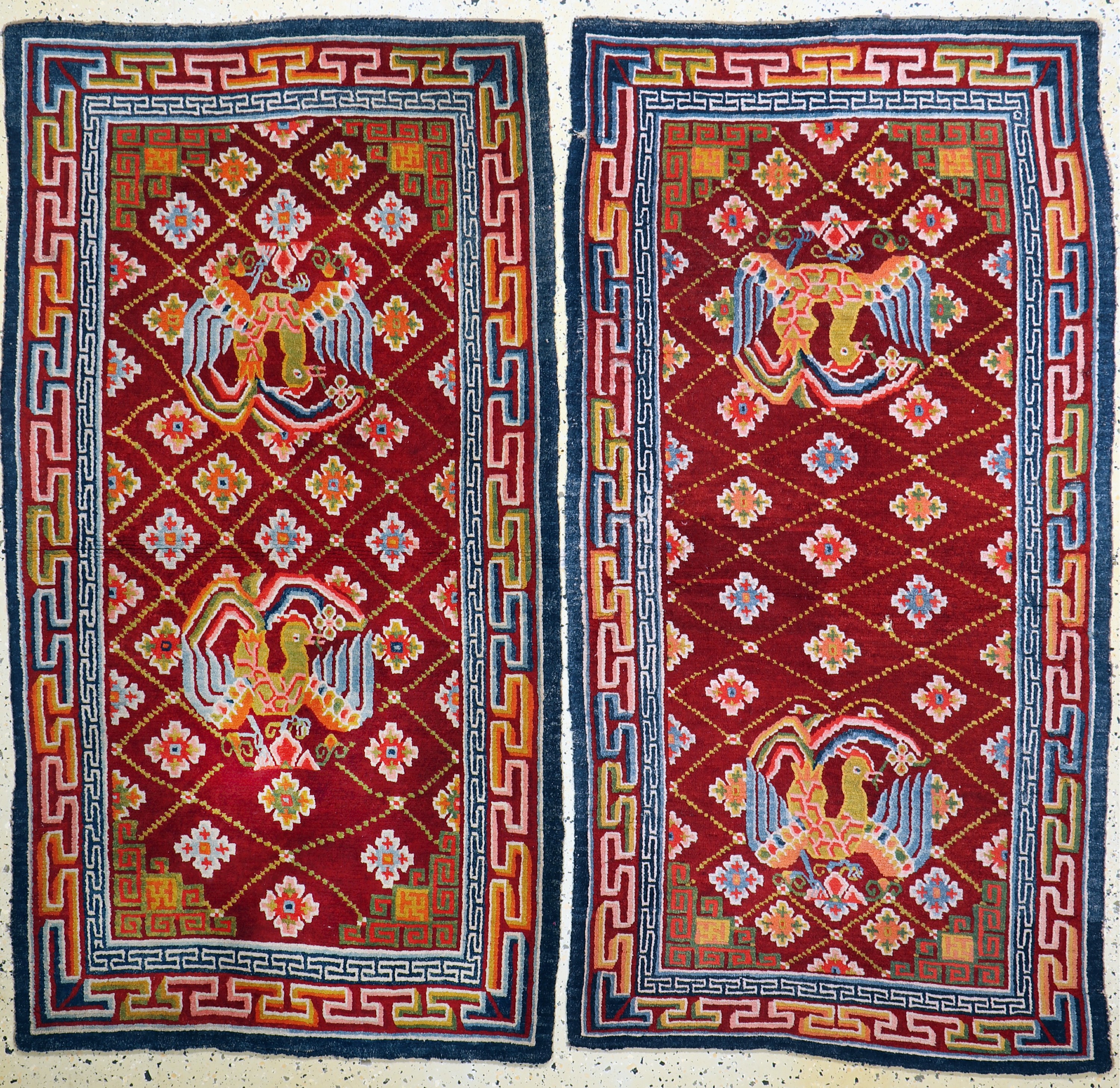 2 Lot Tibet Khaden, um 1920, Wolle auf Baumwolle, ca. 160 x 89 cm, EHZ: 2, minimaler Mottenfraß, ca.2cm Loch.