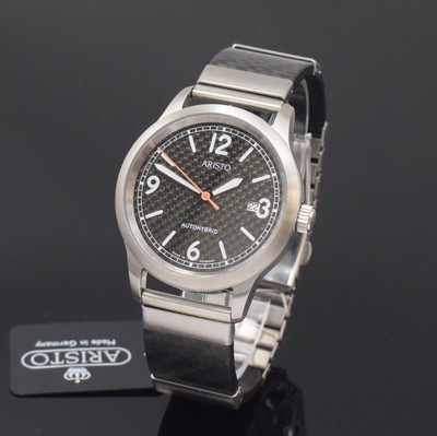 Image 26789125 - ARISTO Autohybrid gents wristwatch in steel reference 7H78, frosted case, bracelet in steel and carbon look with deployant clasp, on both sides glazed, case back 5-times screwed down, dial in carbon-look, luminous indices and numerals, luminous hands, date at 3, diameter approx. 40 mm, length approx. 20 cm, condition 1-2