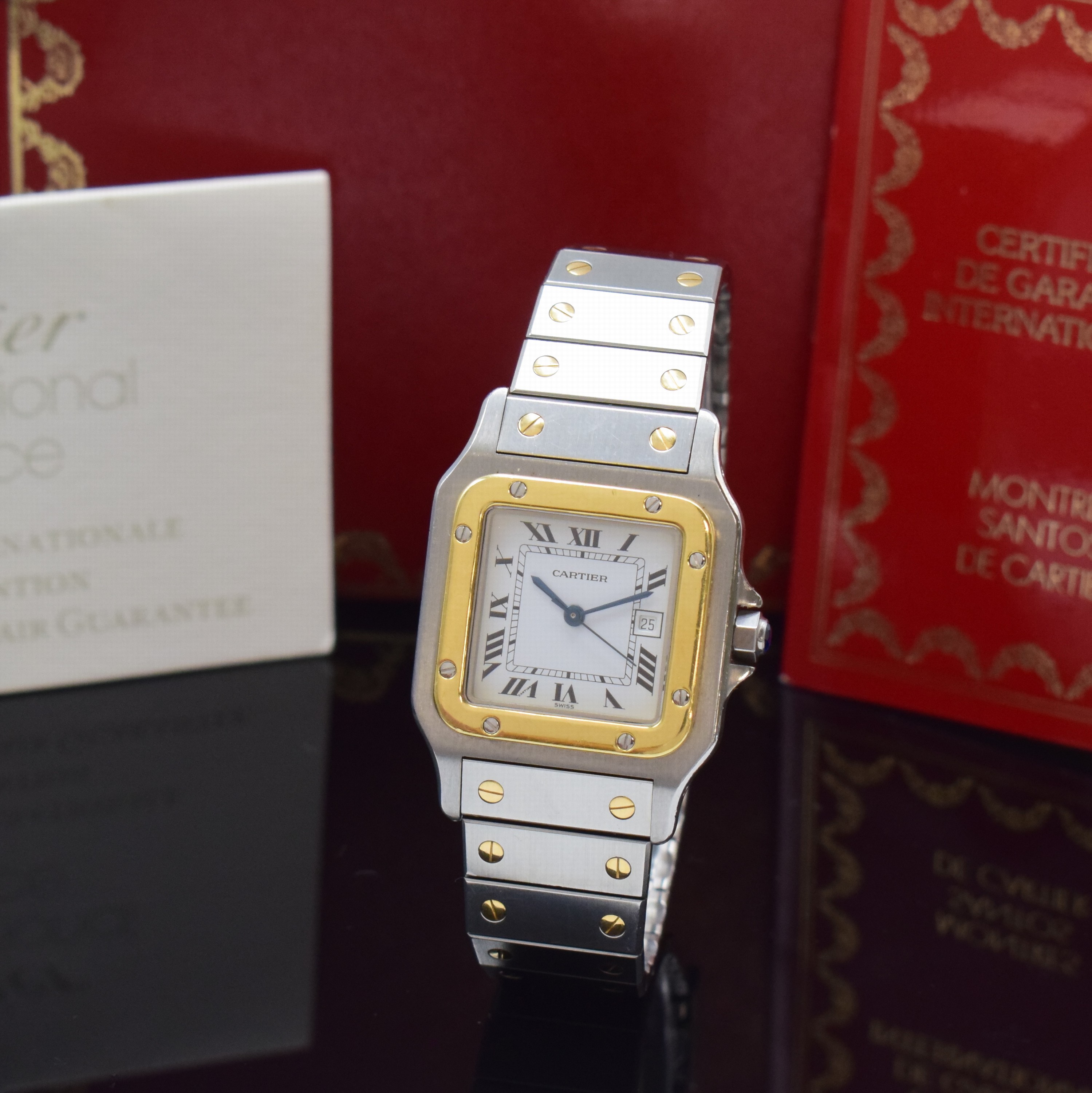 CARTIER Santos Herrenarmbanduhr, Automatik, Edelstahl/Gold kombiniert inkl. Gliederband m. Faltschl., Monocoque-Geh., Lünette 8-fach verschr., ...