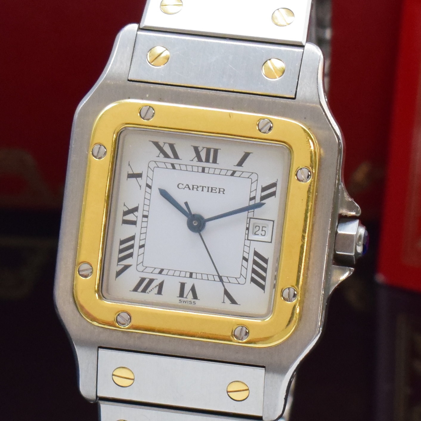 Detail a: CARTIER Santos Herrenarmbanduhr, Automatik, Edelstahl/Gold kombiniert inkl. Gliederband m. Faltschl., Monocoque-Geh., Lünette 8-fach verschr., ...