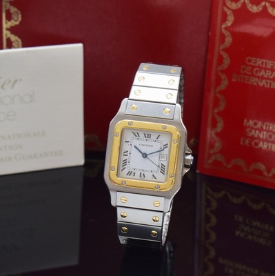Image 26789491 - CARTIER Santos gents wristwatch, self winding, stainless steel/gold combined including bracelet with deployant clasp, monocoque-case, bezel 8-times screwed down, white dial with Roman numerals, blued steel hands, date, calibre ETA 2671, measures approx. 41 x 29 mm,length approx. 19 cm, original box and papers, sold in August 1991, condition 2, property of a collector