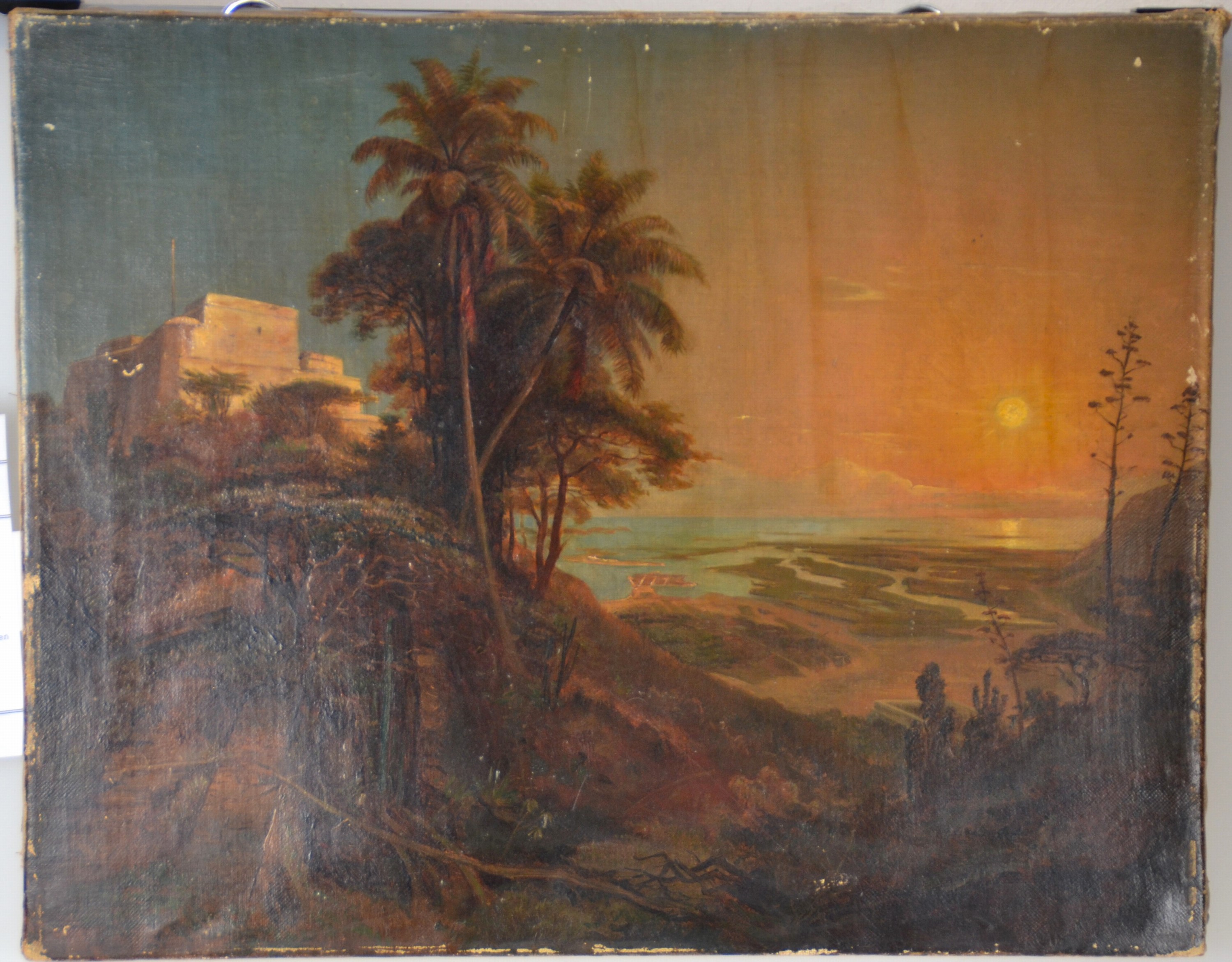 Detail b: Unbekannter Künstler des 19.Jh., (Carl Friedrich Seiffert ?, 1809-1891), südliche Landschaft bei Sonnenuntergang, möglicherweise auf Porto, ...