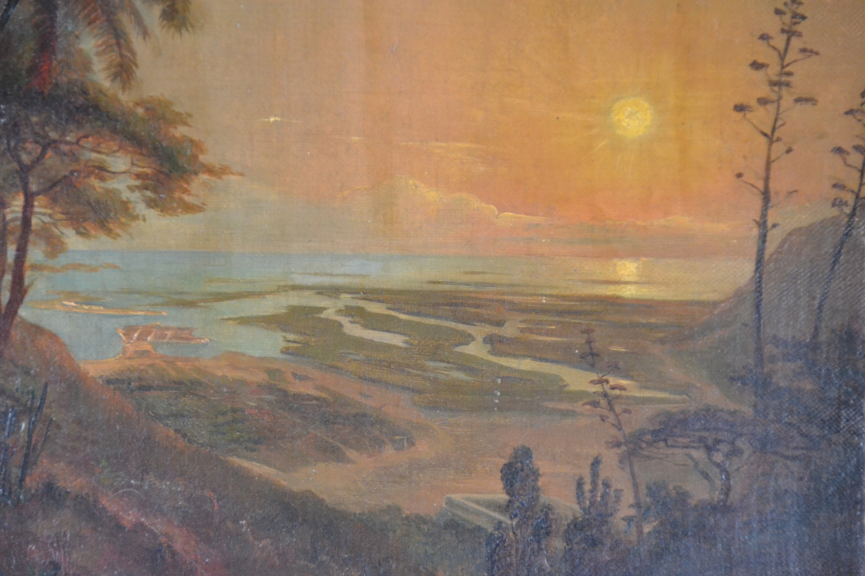 Detail c: Unbekannter Künstler des 19.Jh., (Carl Friedrich Seiffert ?, 1809-1891), südliche Landschaft bei Sonnenuntergang, möglicherweise auf Porto, ...