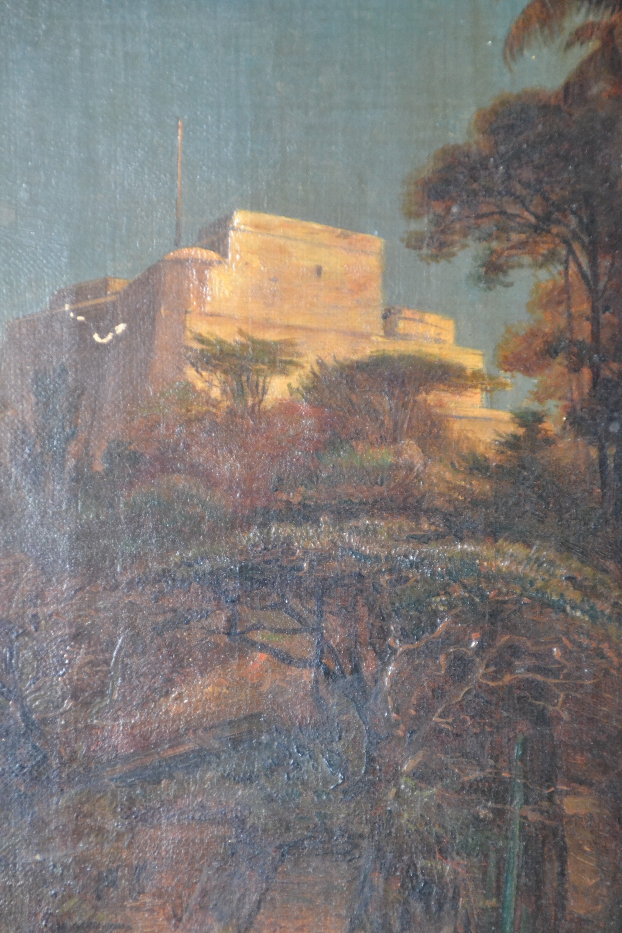 Detail d: Unbekannter Künstler des 19.Jh., (Carl Friedrich Seiffert ?, 1809-1891), südliche Landschaft bei Sonnenuntergang, möglicherweise auf Porto, ...