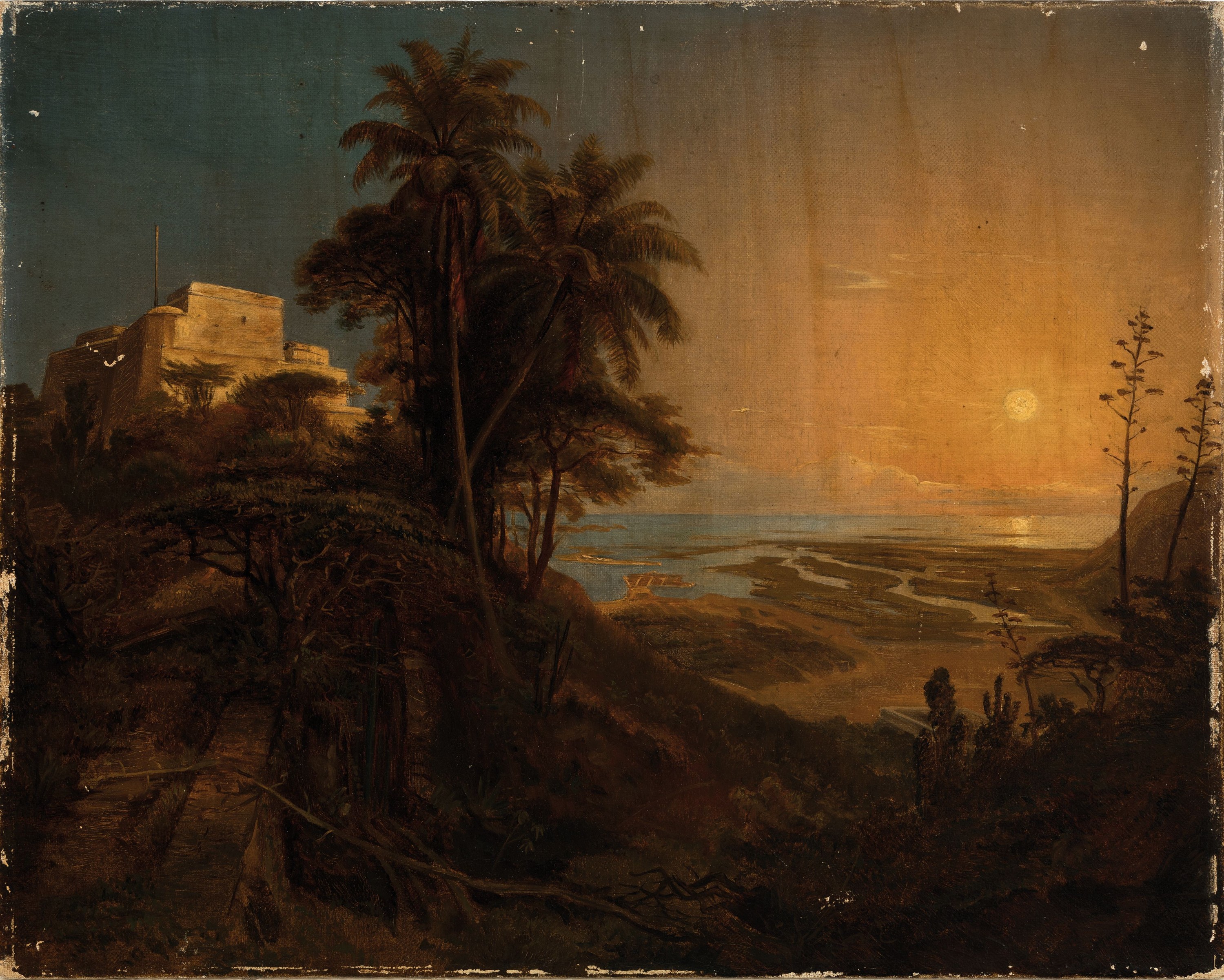 Detail k: Unbekannter Künstler des 19.Jh., (Carl Friedrich Seiffert ?, 1809-1891), südliche Landschaft bei Sonnenuntergang, möglicherweise auf Porto, ...