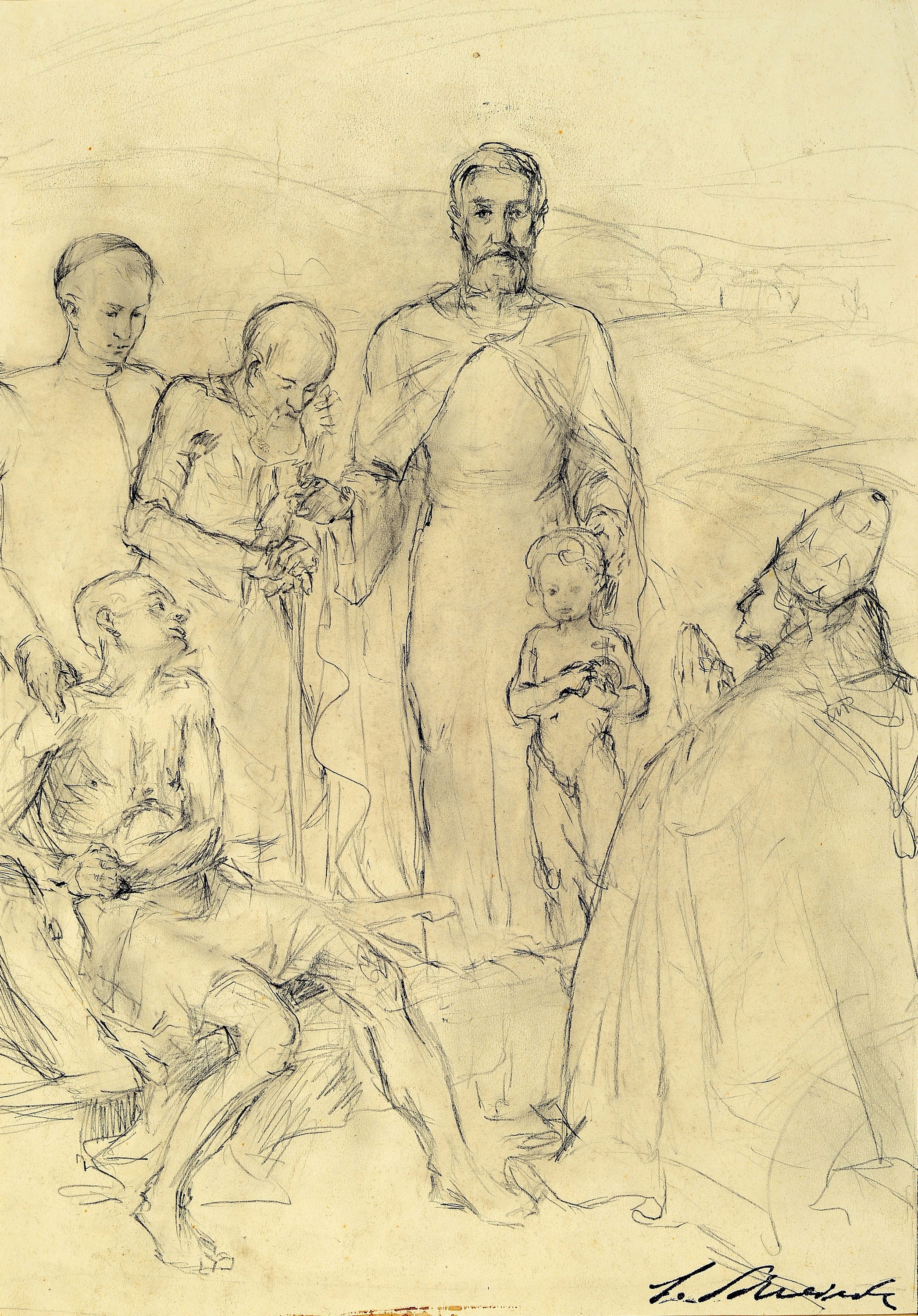Ludwig Schreieck, 1911-1944 St. Martin, Bleistiftzeichnung, Entwurfsskizze, Szene des öffentlichen Wirken Christi , expressiv -realistische Tendenz, ...