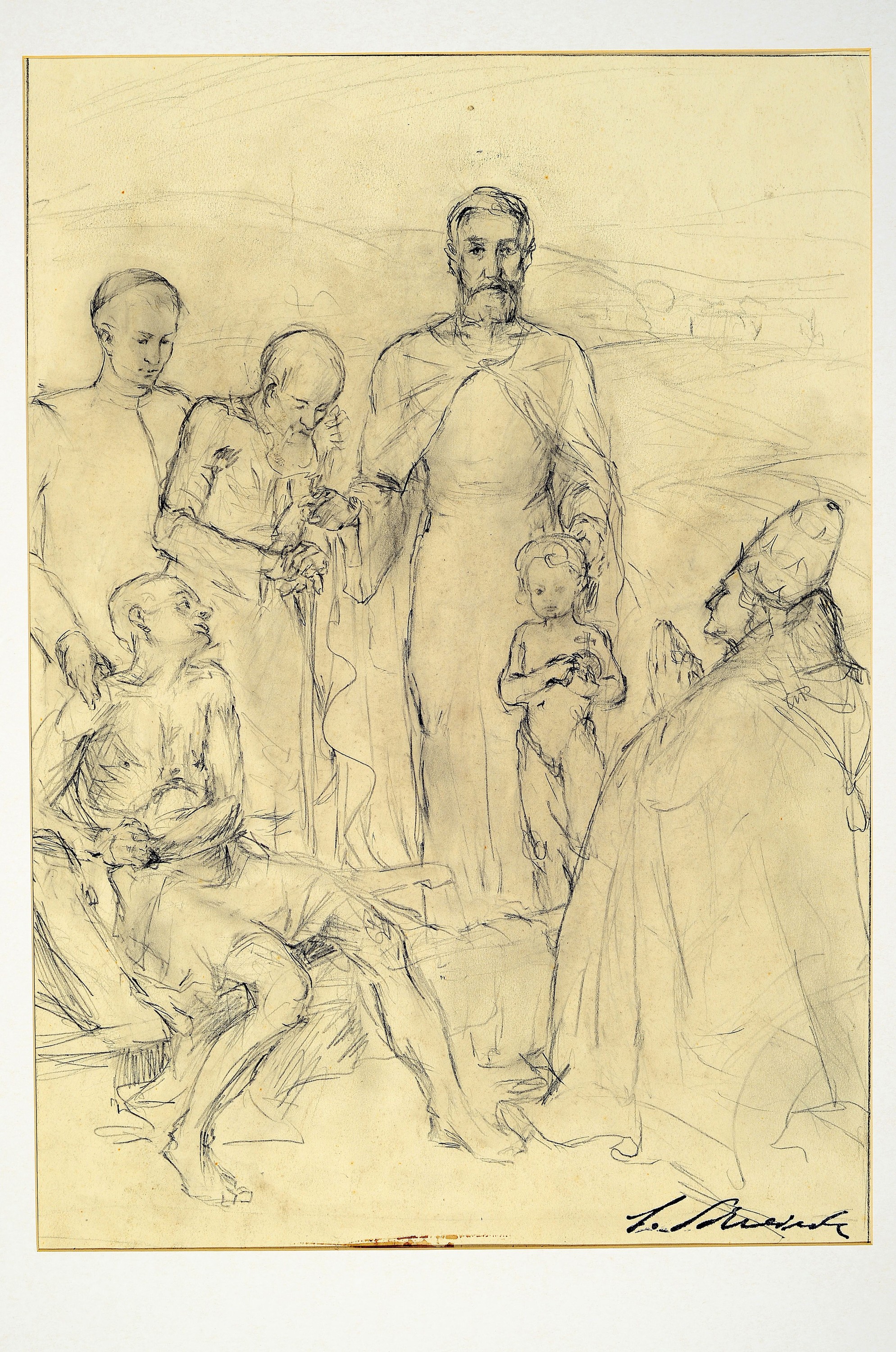 Detail k: Ludwig Schreieck, 1911-1944 St. Martin, Bleistiftzeichnung, Entwurfsskizze, Szene des öffentlichen Wirken Christi , expressiv -realistische Tendenz, ...
