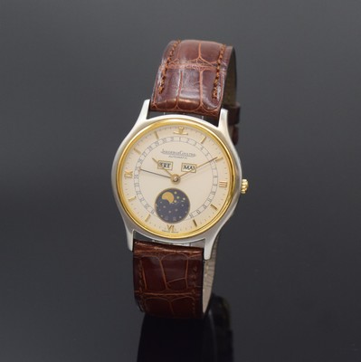 Image 26789513 - Jaeger-LeCoultre fine, astronomical gents wristwatch reference 141.119.5, self winding, stainless steel/gold combined including original leather strap with gold-plated original buckle, case back 4-times screwed down, display of hours, minutes, day, date, month and moon phase, correction at the sides in case inserted, rhodium plated movement, central rotor, 28 jewels, calibre 901, fausses cotes decoration, diameter approx. 34 mm, original box, setting pin and papers, sold in March 1989, condition 2, property of a collector