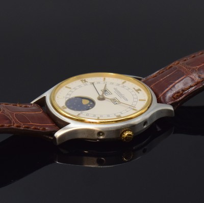 26789513b - Jaeger-LeCoultre fine, astronomical gents wristwatch reference 141.119.5, self winding, stainless steel/gold combined including original leather strap with gold-plated original buckle, case back 4-times screwed down, display of hours, minutes, day, date, month and moon phase, correction at the sides in case inserted, rhodium plated movement, central rotor, 28 jewels, calibre 901, fausses cotes decoration, diameter approx. 34 mm, original box, setting pin and papers, sold in March 1989, condition 2, property of a collector