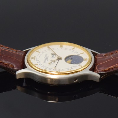 26789513c - Jaeger-LeCoultre fine, astronomical gents wristwatch reference 141.119.5, self winding, stainless steel/gold combined including original leather strap with gold-plated original buckle, case back 4-times screwed down, display of hours, minutes, day, date, month and moon phase, correction at the sides in case inserted, rhodium plated movement, central rotor, 28 jewels, calibre 901, fausses cotes decoration, diameter approx. 34 mm, original box, setting pin and papers, sold in March 1989, condition 2, property of a collector