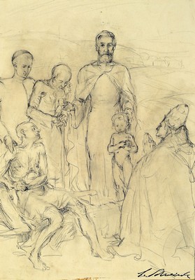 Image 26789520 - Ludwig Schreieck, 1911-1944 St. Martin, pencildrawing, design sketch, scene of Christ's public work, expressive-realistic tendency, stamp signature, estate stamp on verso, sheet 43x33 cm, in PP 65x50 cm