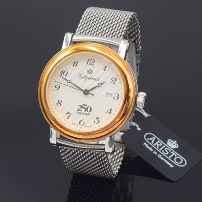 Image 26790078 - ERBPRINZ gents wristwatch Goldstadt 250, self winding, stainless steel case including neutral milanaise bracelet with deployant clasp, gold-plated bezel, on both sides glazed, screwed down case back, white engine- turned dial with Arabic numerals, black hands, date at 3, diameter approx. 44 mm, length approx. 21 cm, condition 2