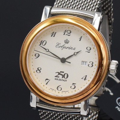 26790078a - ERBPRINZ gents wristwatch Goldstadt 250, self winding, stainless steel case including neutral milanaise bracelet with deployant clasp, gold-plated bezel, on both sides glazed, screwed down case back, white engine- turned dial with Arabic numerals, black hands, date at 3, diameter approx. 44 mm, length approx. 21 cm, condition 2