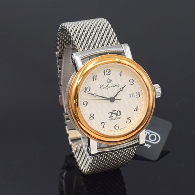 26790078b - ERBPRINZ gents wristwatch Goldstadt 250, self winding, stainless steel case including neutral milanaise bracelet with deployant clasp, gold-plated bezel, on both sides glazed, screwed down case back, white engine- turned dial with Arabic numerals, black hands, date at 3, diameter approx. 44 mm, length approx. 21 cm, condition 2