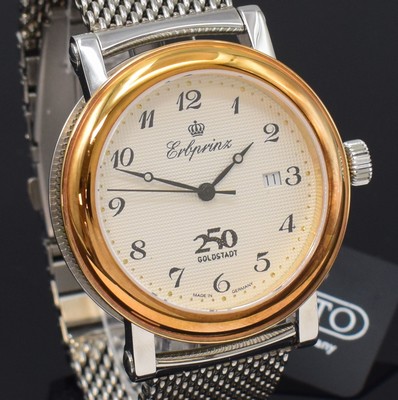 Image 26790078c - ERBPRINZ gents wristwatch Goldstadt 250, self winding, stainless steel case including neutral milanaise bracelet with deployant clasp, gold-plated bezel, on both sides glazed, screwed down case back, white engine- turned dial with Arabic numerals, black hands, date at 3, diameter approx. 44 mm, length approx. 21 cm, condition 2