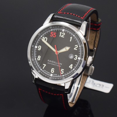 Image 26790235 - RAIDILLON limited gents wristwatch in steel, self winding, on 55 pieces limited model, original leather strap with deployant clasp, on both sides glazed, snap on case back, black dial with luminous numerals, luminous hands, date at 3, diameter approx. 42,5 cm, condition 2